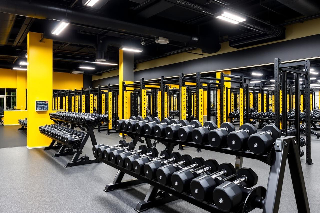 Strength training zone with dumbbells and power racks at BFF Gym Fatehgunj, Vadodara